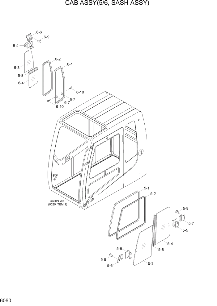 Схема запчастей Hyundai R180LC7 - PAGE 6060 CAB ASSY(5/6, SASH ASSY) СТРУКТУРА