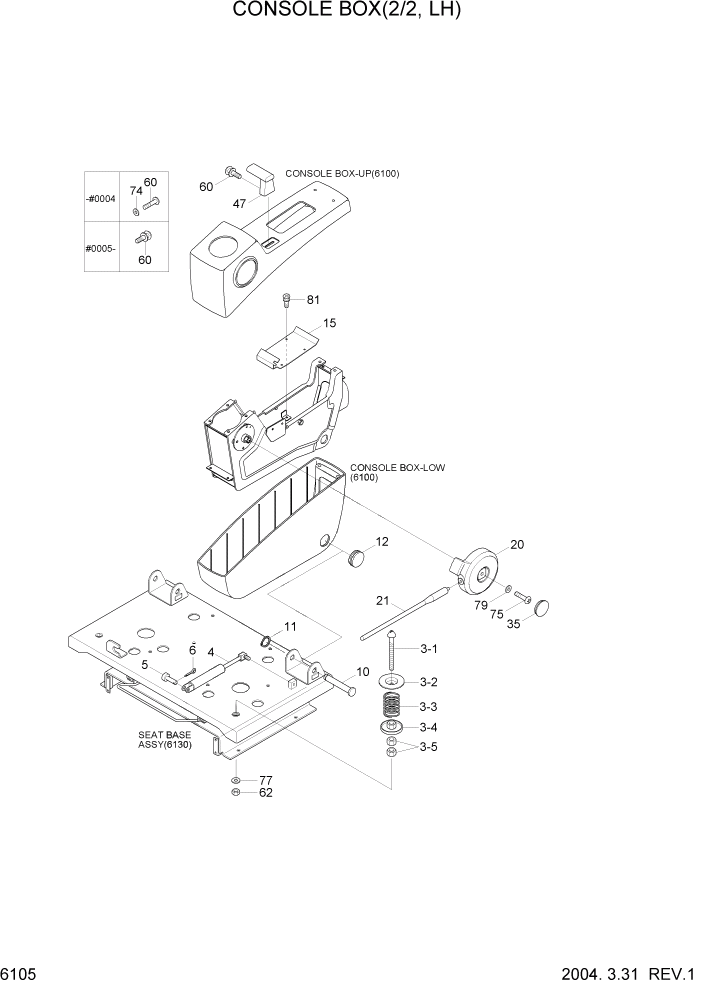 Схема запчастей Hyundai R180LC7 - PAGE 6105 CONSOLE BOX(2/2, LH) СТРУКТУРА