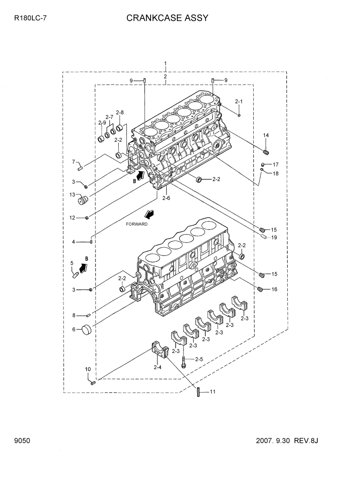 Схема запчастей Hyundai R180LC7 - PAGE 9050 CRANKCASE ASSY ДВИГАТЕЛЬ БАЗА