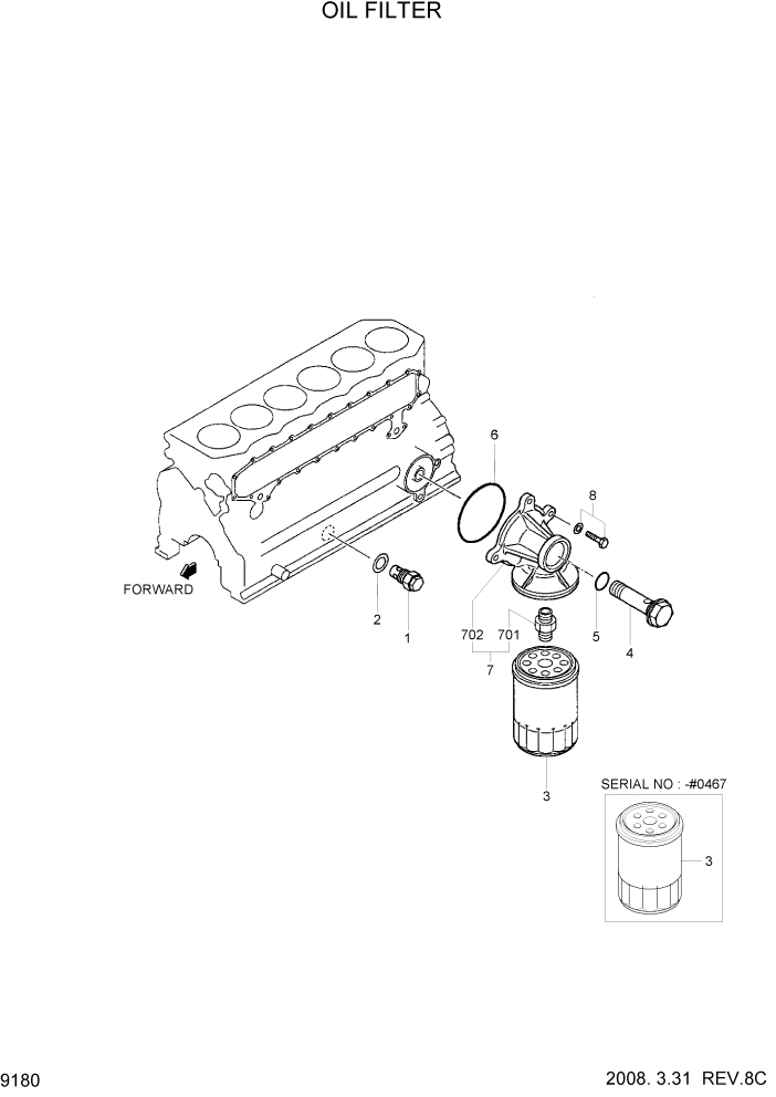 Схема запчастей Hyundai R180LC7 - PAGE 9180 OIL FILTER ДВИГАТЕЛЬ БАЗА