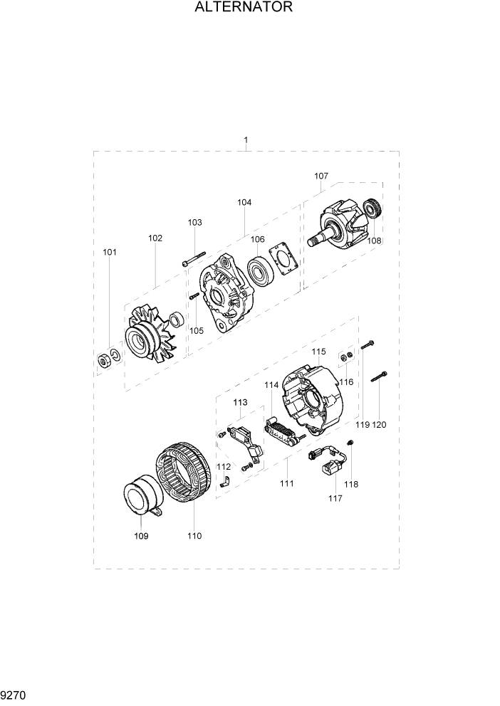 Схема запчастей Hyundai R180LC7 - PAGE 9270 ALTERNATOR ДВИГАТЕЛЬ БАЗА