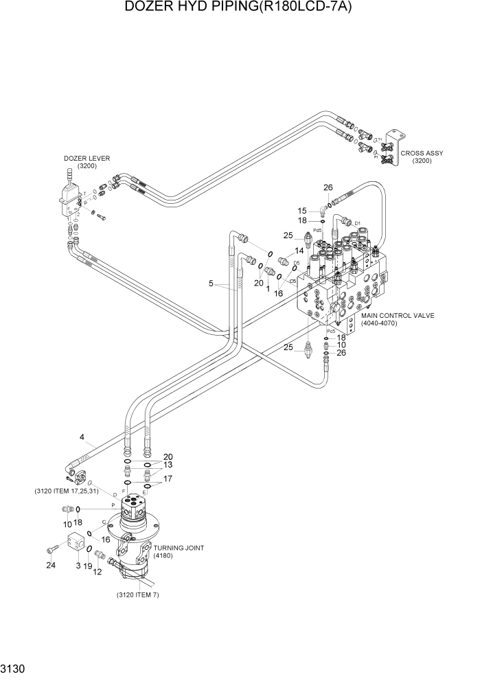 Схема запчастей Hyundai R180LC7A - PAGE 3130 DOZER HYD PIPING(R180LCD-7A) ГИДРАВЛИЧЕСКАЯ СИСТЕМА