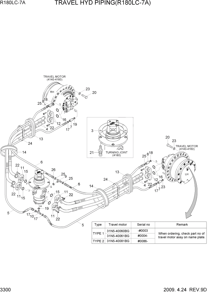Схема запчастей Hyundai R180LC7A - PAGE 3300 TRAVEL HYD PIPING(R180LC-7A) ГИДРАВЛИЧЕСКАЯ СИСТЕМА