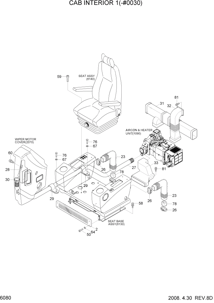 Схема запчастей Hyundai R180LC7A - PAGE 6080 CAB INTERIOR 1(-#0030) СТРУКТУРА