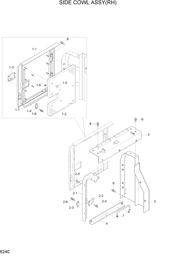 Схема запчастей Hyundai R180LC7A - PAGE 6240 SIDE COWL ASSY(RH) СТРУКТУРА