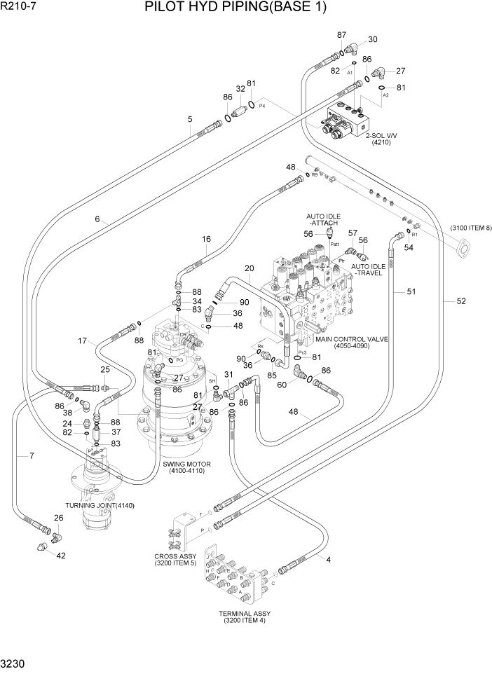 Схема запчастей Hyundai R210-7 - PAGE 3230 PILOT HYD PIPING(BASE 1) ГИДРАВЛИЧЕСКАЯ СИСТЕМА