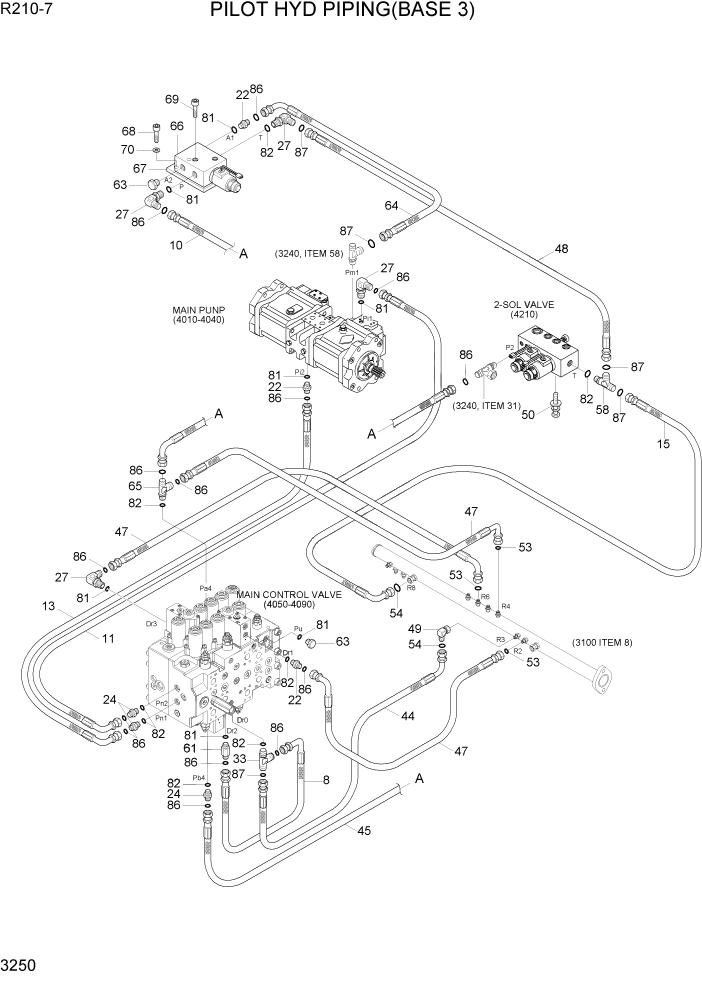 Схема запчастей Hyundai R210-7 - PAGE 3250 PILOT HYD PIPING(BASE 3) ГИДРАВЛИЧЕСКАЯ СИСТЕМА