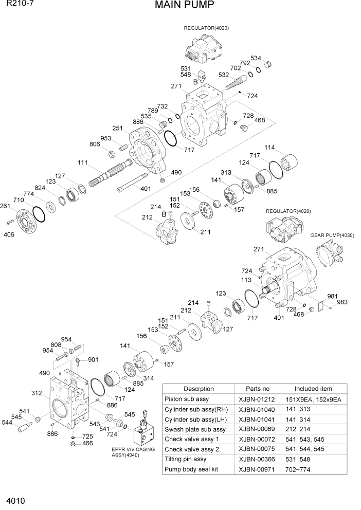 Схема запчастей Hyundai R210-7 - PAGE 4010 MAIN PUMP ГИДРАВЛИЧЕСКИЕ КОМПОНЕНТЫ