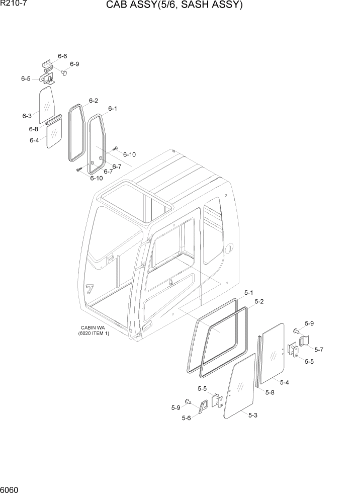 Схема запчастей Hyundai R210-7 - PAGE 6060 CAB ASSY(5/6, SASH ASSY) СТРУКТУРА