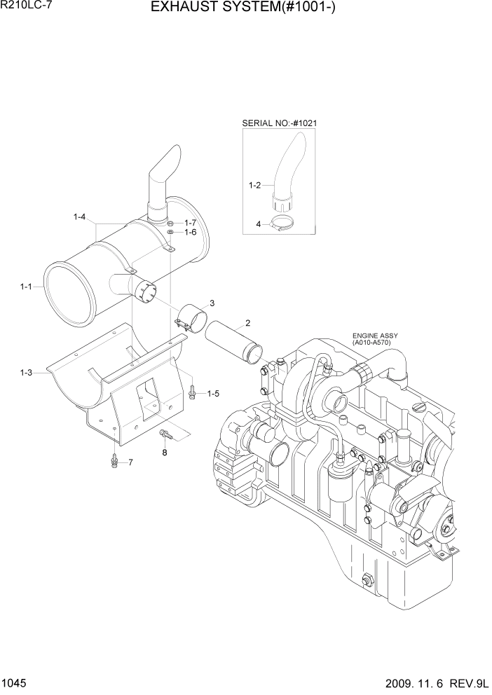 Схема запчастей Hyundai R210LC7 - PAGE 1045 EXHAUST SYSTEM(#1001-) СИСТЕМА ДВИГАТЕЛЯ