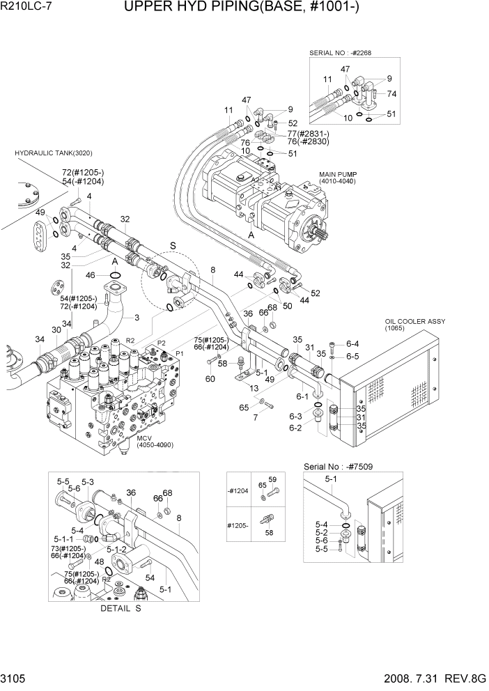 Схема запчастей Hyundai R210LC7 - PAGE 3105 UPPER HYD PIPING(BASE, #1001-) ГИДРАВЛИЧЕСКАЯ СИСТЕМА