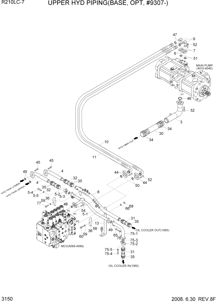 Схема запчастей Hyundai R210LC7 - PAGE 3150 UPPER HYD PIPING(BASE, OPT, #9307-) ГИДРАВЛИЧЕСКАЯ СИСТЕМА