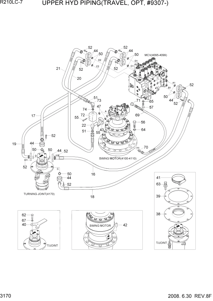 Схема запчастей Hyundai R210LC7 - PAGE 3170 UPPER HYD PIPING(TRAVEL, OPT, #9307-) ГИДРАВЛИЧЕСКАЯ СИСТЕМА