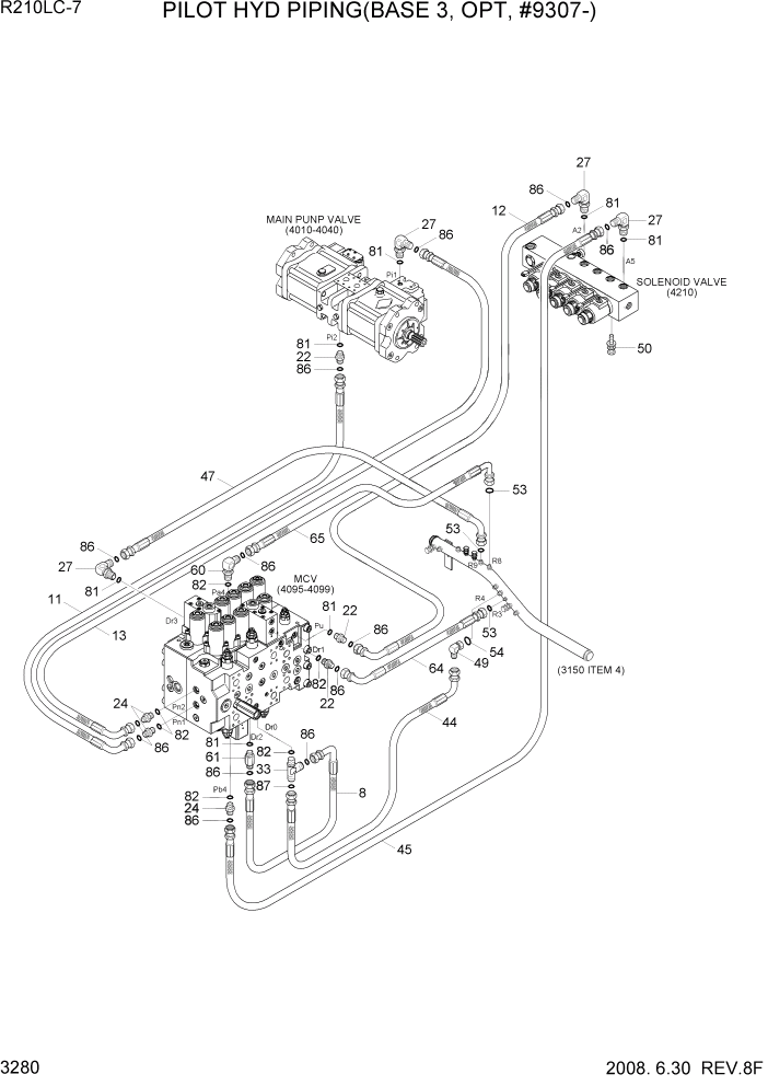 Схема запчастей Hyundai R210LC7 - PAGE 3280 PILOT HYD PIPING(BASE 3, OPT, #9307-) ГИДРАВЛИЧЕСКАЯ СИСТЕМА