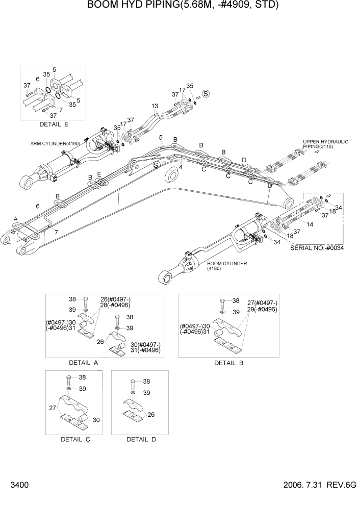 Схема запчастей Hyundai R210LC7 - PAGE 3400 BOOM HYD PIPING(5.68M, -#4909, STD) ГИДРАВЛИЧЕСКАЯ СИСТЕМА