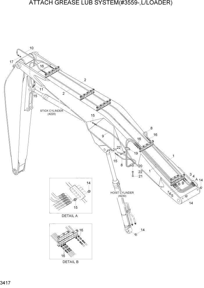 Схема запчастей Hyundai R210LC7 - PAGE 3417 BOOM GREASE LUB SYSTEM(#3559-,L/LOADER) ГИДРАВЛИЧЕСКАЯ СИСТЕМА
