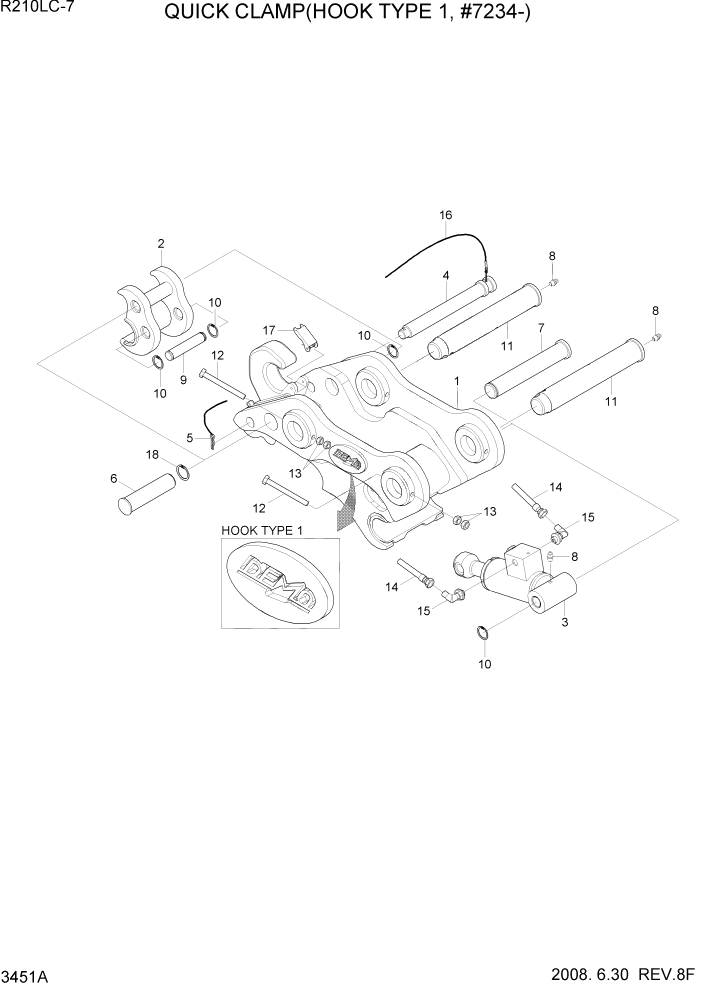 Схема запчастей Hyundai R210LC7 - PAGE 3451A QUICK CLAMP(HOOK TYPE 1, #7234-) ГИДРАВЛИЧЕСКАЯ СИСТЕМА