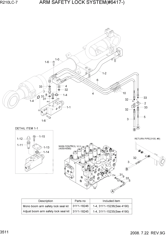 Схема запчастей Hyundai R210LC7 - PAGE 3511 ARM SAFETY LOCK SYSTEM(#6417-) ГИДРАВЛИЧЕСКАЯ СИСТЕМА