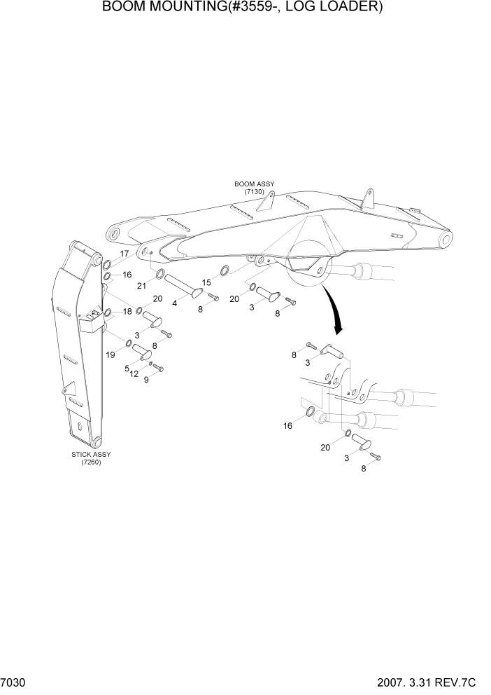 Схема запчастей Hyundai R210LC7 - PAGE 7030 BOOM MOUNTING(#3559-, LOG LOADER) РАБОЧЕЕ ОБОРУДОВАНИЕ