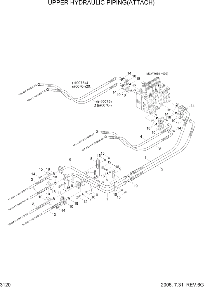 Схема запчастей Hyundai R290LC7A - PAGE 3120 UPPER HYDRAULIC PIPING(ATTACH) ГИДРАВЛИЧЕСКАЯ СИСТЕМА