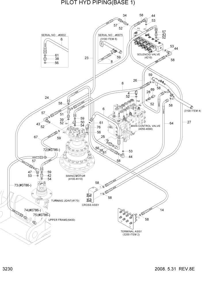 Схема запчастей Hyundai R290LC7A - PAGE 3230 PILOT HYDRAULIC PIPING(BASE 1) ГИДРАВЛИЧЕСКАЯ СИСТЕМА