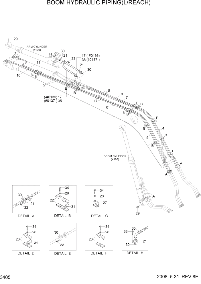 Схема запчастей Hyundai R290LC7A - PAGE 3405 BOOM HYDRAULIC PIPING(L/REACH) ГИДРАВЛИЧЕСКАЯ СИСТЕМА