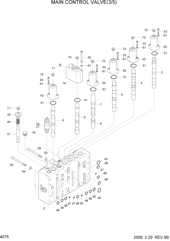 Схема запчастей Hyundai R290LC7A - PAGE 4075 MAIN CONTROL VALVE(3/5) ГИДРАВЛИЧЕСКИЕ КОМПОНЕНТЫ