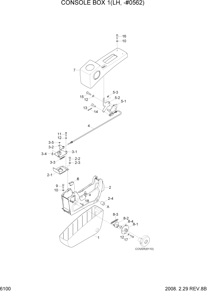 Схема запчастей Hyundai R290LC7A - PAGE 6100 CONSOLE BOX 1(LH, -#0562) СТРУКТУРА