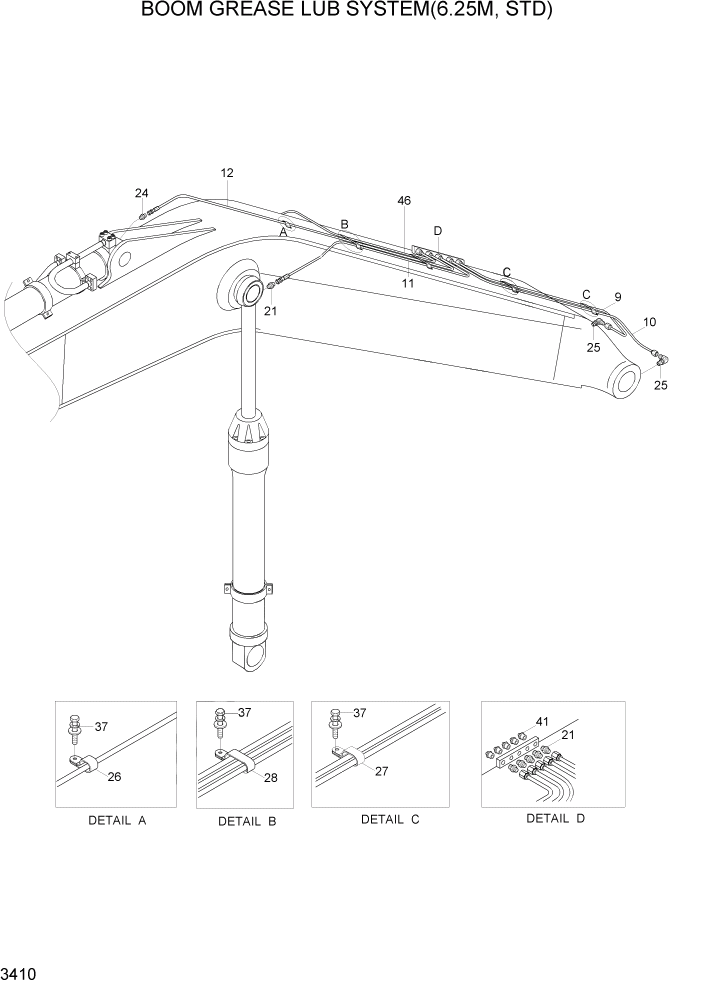 Схема запчастей Hyundai R290LC7H - PAGE 3410 BOOM GREASE LUB SYSTEM(6.25M, STD) ГИДРАВЛИЧЕСКАЯ СИСТЕМА