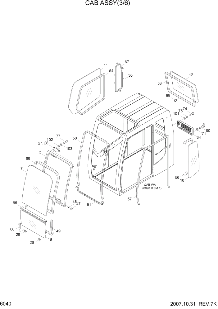 Схема запчастей Hyundai R290LC7H - PAGE 6040 CAB ASSY(3/6) СТРУКТУРА