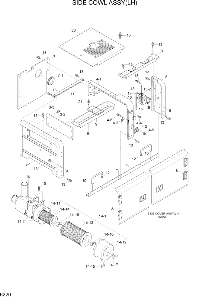Схема запчастей Hyundai R290LC7H - PAGE 6220 SIDE COWL ASSY(LH) СТРУКТУРА