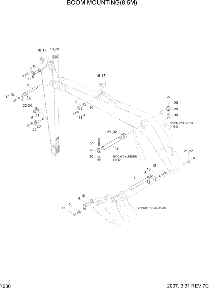 Схема запчастей Hyundai R290LC7H - PAGE 7030 BOOM MOUNTING(8.5M) РАБОЧЕЕ ОБОРУДОВАНИЕ