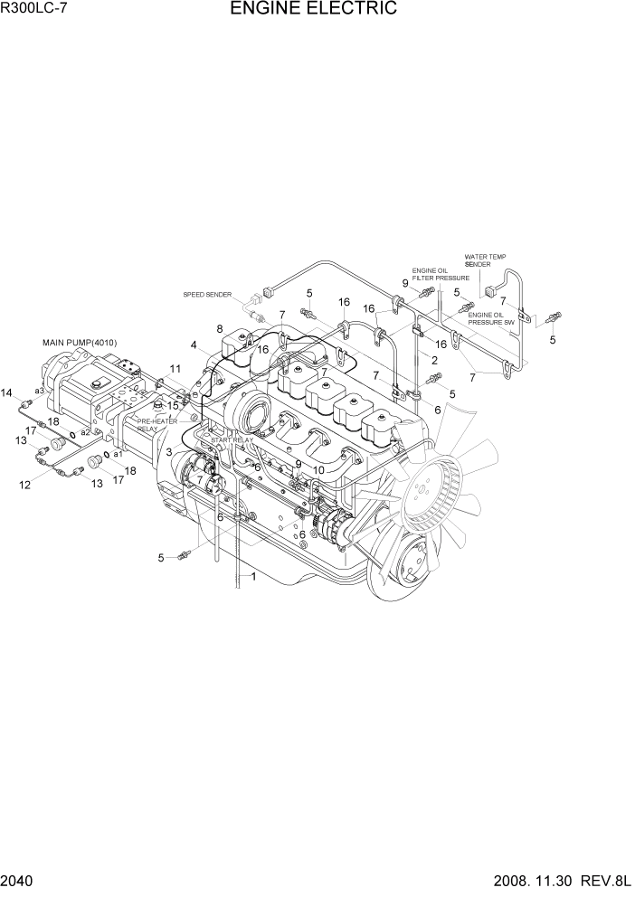 Схема запчастей Hyundai R300LC7 - PAGE 2040 ENGINE ELECTRIC ЭЛЕКТРИЧЕСКАЯ СИСТЕМА
