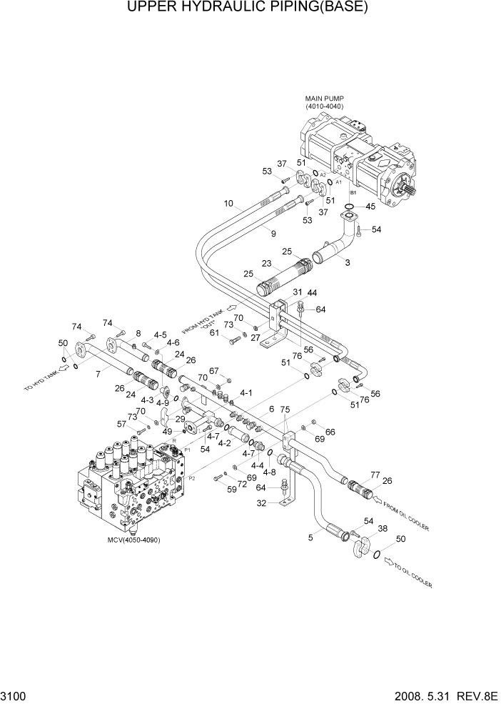 Схема запчастей Hyundai R300LC7 - PAGE 3100 UPPER HYDRAULIC PIPING(BASE) ГИДРАВЛИЧЕСКАЯ СИСТЕМА