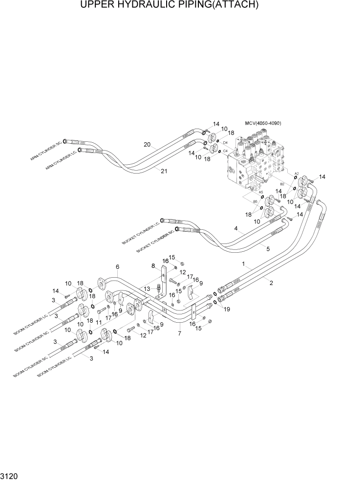 Схема запчастей Hyundai R300LC7 - PAGE 3120 UPPER HYDRAULIC PIPING(ATTACH) ГИДРАВЛИЧЕСКАЯ СИСТЕМА