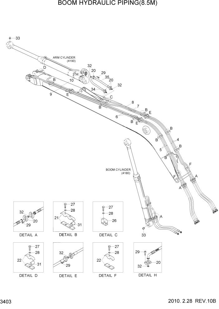 Схема запчастей Hyundai R300LC7 - PAGE 3403 BOOM HYDRAULIC PIPING(8.5M) ГИДРАВЛИЧЕСКАЯ СИСТЕМА