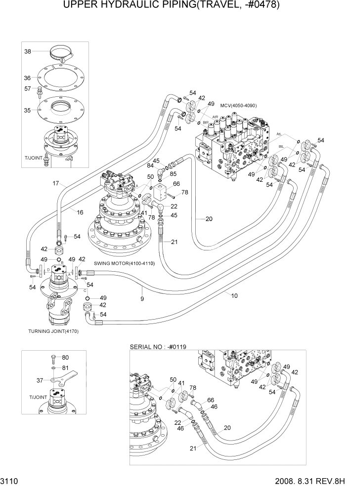 Схема запчастей Hyundai R305LC7 - PAGE 3110 UPPER HYDRAULIC PIPING(TRAVEL, -#0478) ГИДРАВЛИЧЕСКАЯ СИСТЕМА