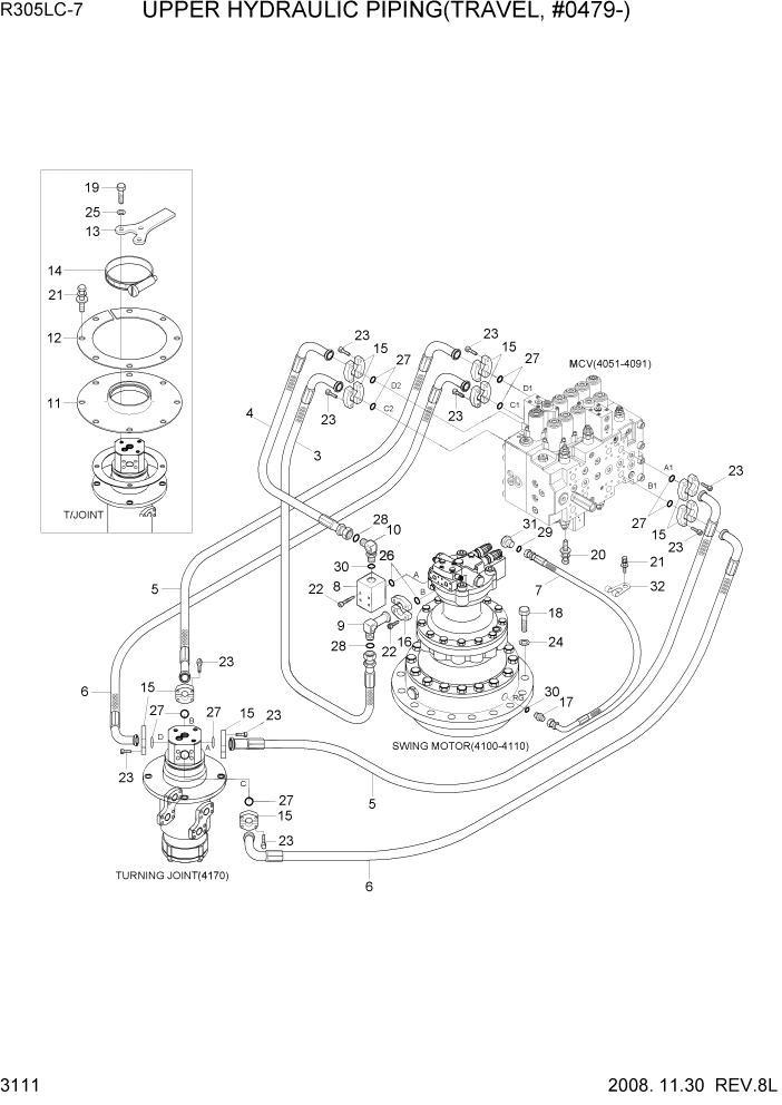 Схема запчастей Hyundai R305LC7 - PAGE 3111 UPPER HYDRAULIC PIPING(TRAVEL, #0479-) ГИДРАВЛИЧЕСКАЯ СИСТЕМА