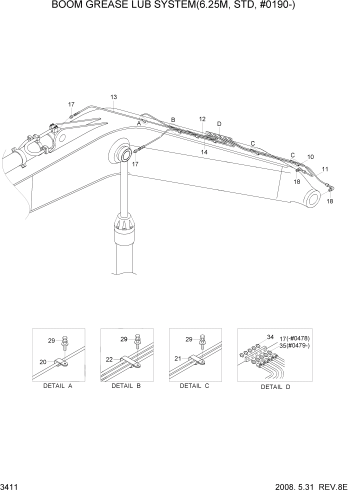 Схема запчастей Hyundai R305LC7 - PAGE 3411 BOOM GREASE LUB SYSTEM(6.25M,STD,#0190-) ГИДРАВЛИЧЕСКАЯ СИСТЕМА