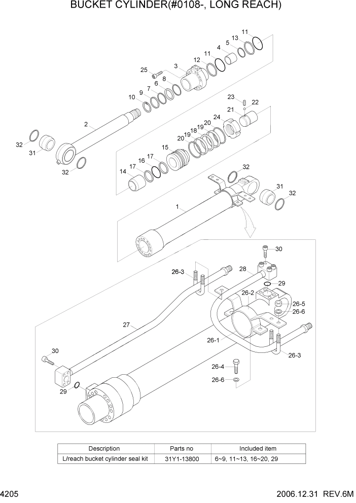 Схема запчастей Hyundai R305LC7 - PAGE 4205 BUCKET CYLINDER(#0108-, LONG REACH) ГИДРАВЛИЧЕСКИЕ КОМПОНЕНТЫ