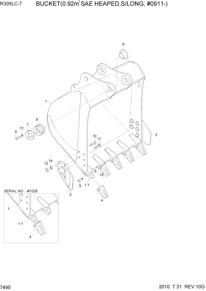 Схема запчастей Hyundai R305LC7 - PAGE 7490 BUCKET(0.92M3 SAE HEAPED,S/LONG, #0911-) РАБОЧЕЕ ОБОРУДОВАНИЕ