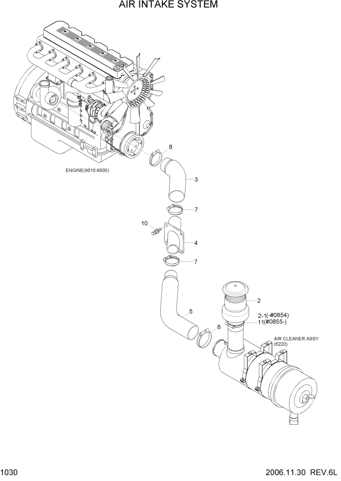 Схема запчастей Hyundai R320LC7 - PAGE 1030 AIR INTAKE SYSTEM СИСТЕМА ДВИГАТЕЛЯ