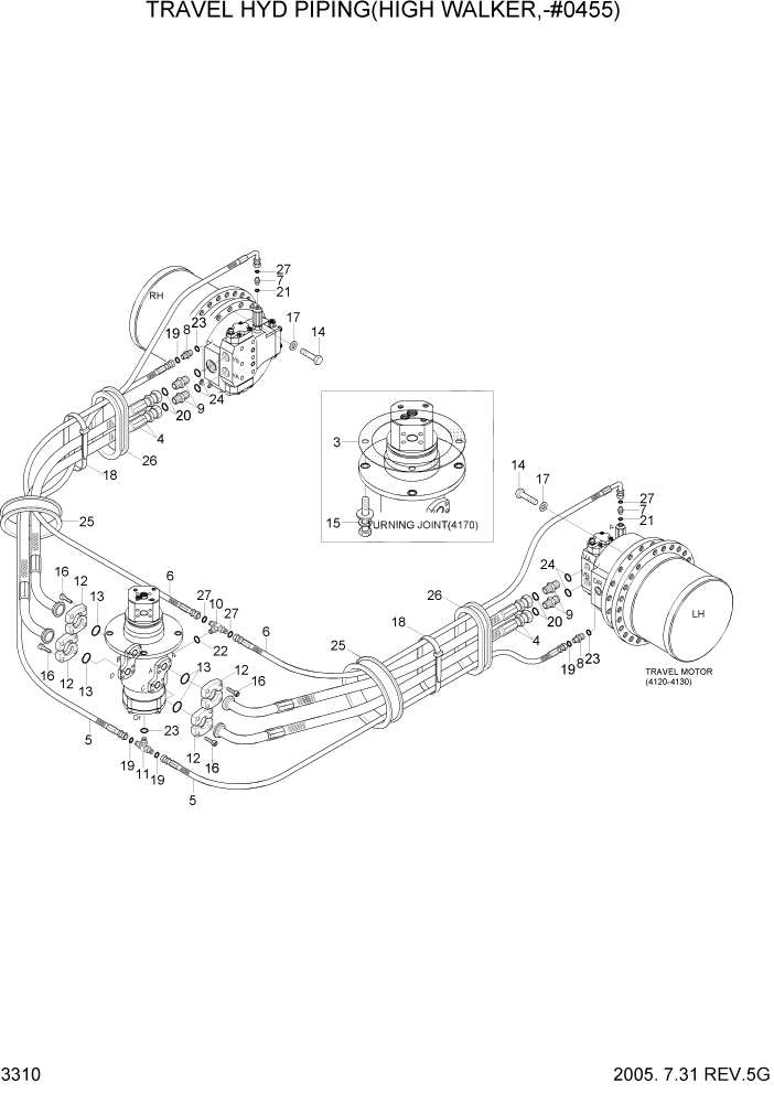 Схема запчастей Hyundai R320LC7 - PAGE 3310 TRAVEL HYD PIPING(HIGH WALKER,-#0455) ГИДРАВЛИЧЕСКАЯ СИСТЕМА