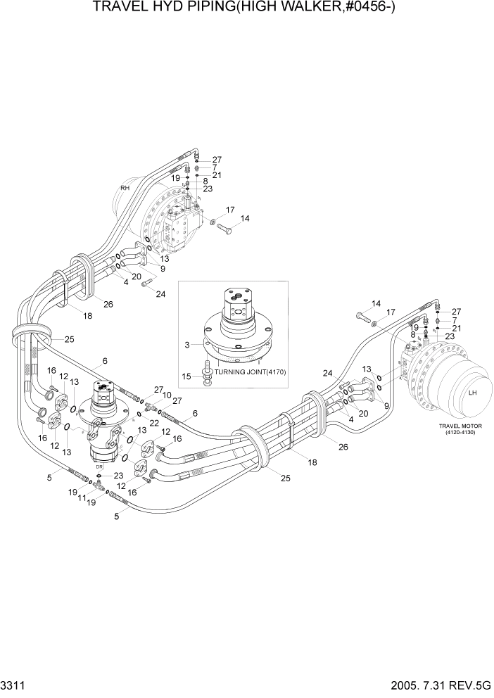 Схема запчастей Hyundai R320LC7 - PAGE 3311 TRAVEL HYD PIPING(HIGH WALKER,0456-) ГИДРАВЛИЧЕСКАЯ СИСТЕМА