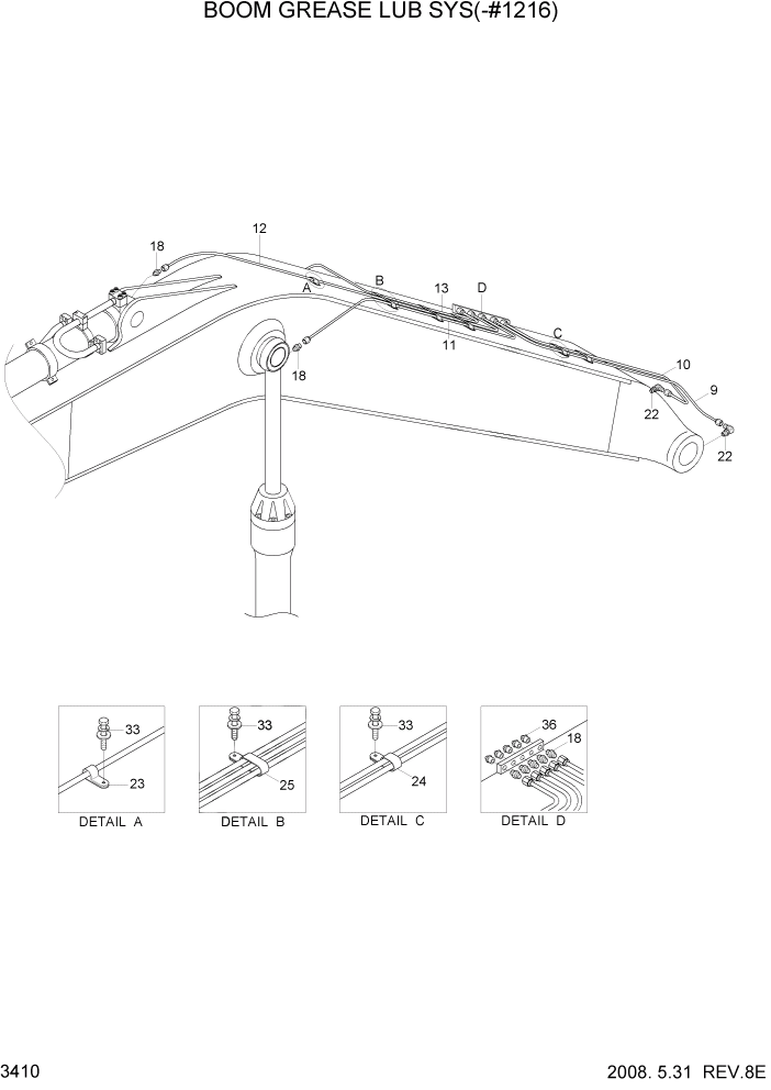 Схема запчастей Hyundai R320LC7 - PAGE 3410 BOOM GREASE LUB SYS(6.45M, STD, -#1215) ГИДРАВЛИЧЕСКАЯ СИСТЕМА