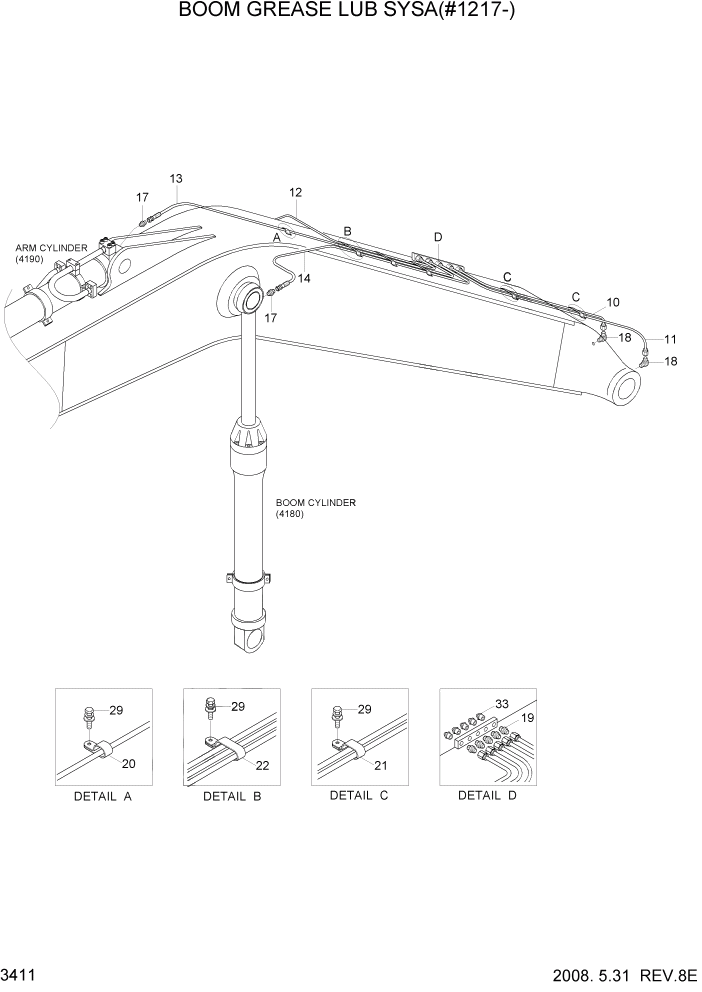 Схема запчастей Hyundai R320LC7 - PAGE 3411 BOOM GREASE LUB SYS(6.45M, STD, #1216-) ГИДРАВЛИЧЕСКАЯ СИСТЕМА