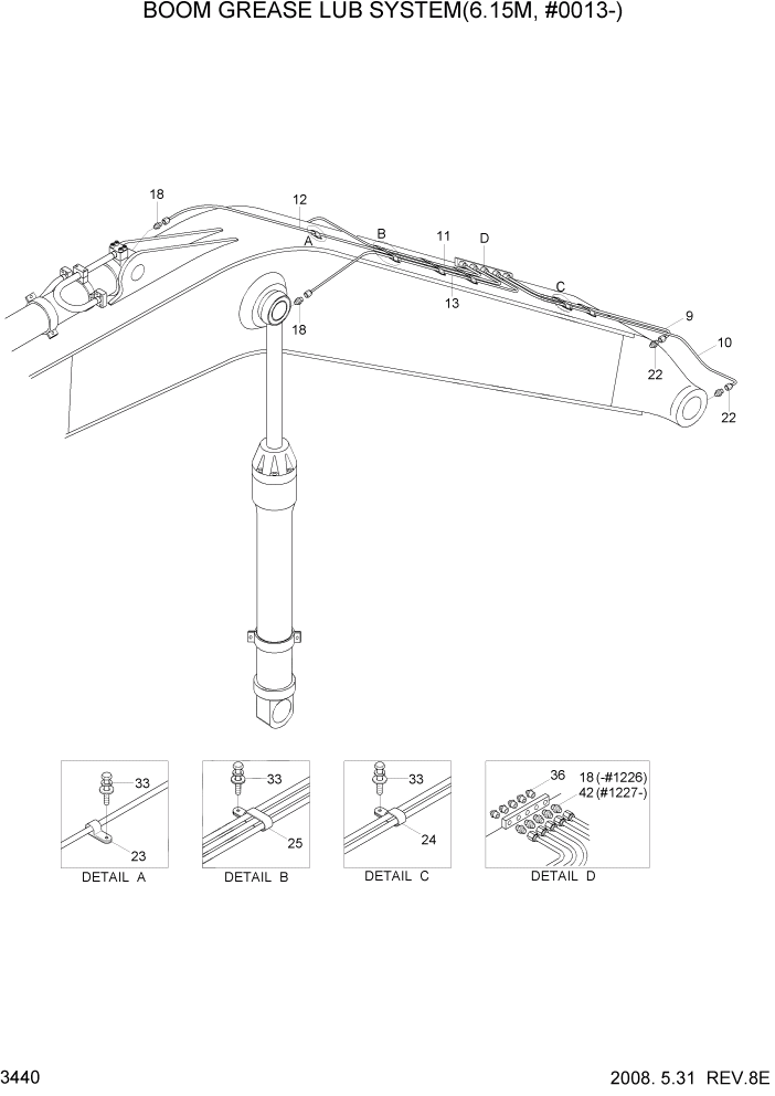 Схема запчастей Hyundai R320LC7 - PAGE 3440 BOOM GREASE LUB SYSTEM(6.15M,#0013-) ГИДРАВЛИЧЕСКАЯ СИСТЕМА