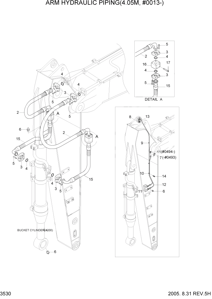 Схема запчастей Hyundai R320LC7 - PAGE 3530 ARM HYDRAULIC PIPING(4.05M, #0013-) ГИДРАВЛИЧЕСКАЯ СИСТЕМА