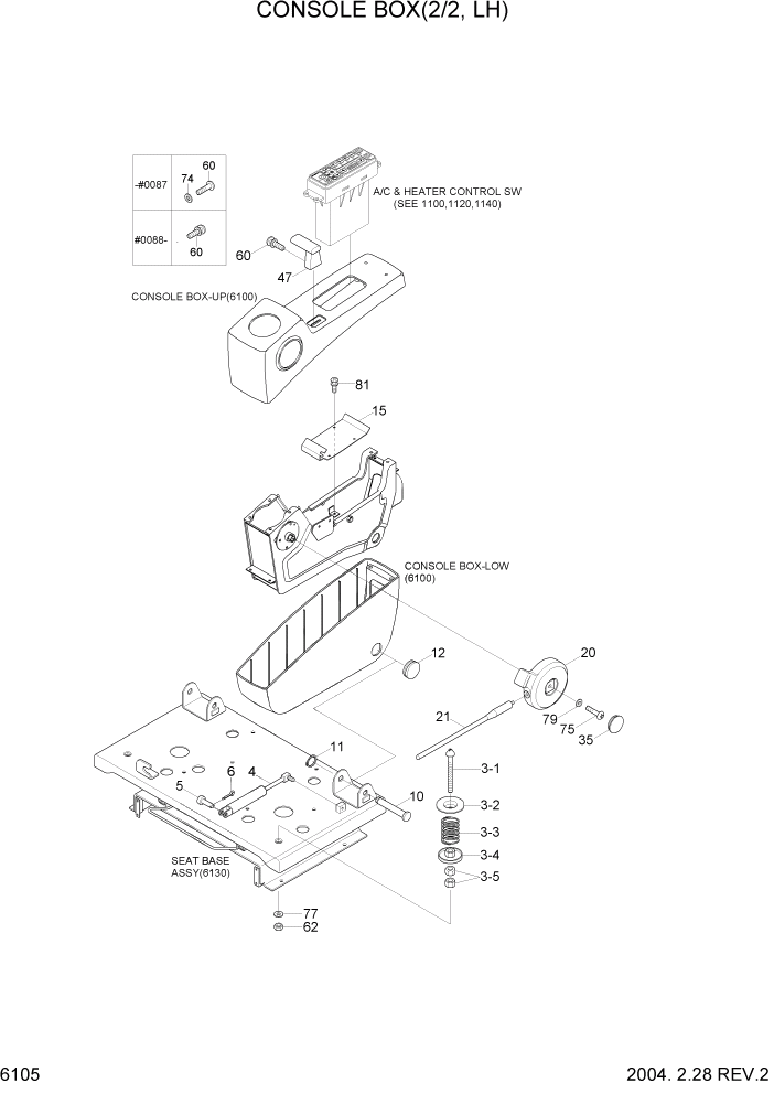 Схема запчастей Hyundai R320LC7 - PAGE 6105 CONSOLE BOX 2(LH) СТРУКТУРА