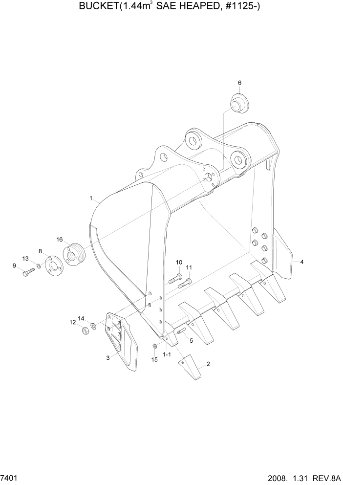 Схема запчастей Hyundai R320LC7 - PAGE 7401 BUCKET(1.44M3 SAE HEAPED, STD, #1125-) РАБОЧЕЕ ОБОРУДОВАНИЕ